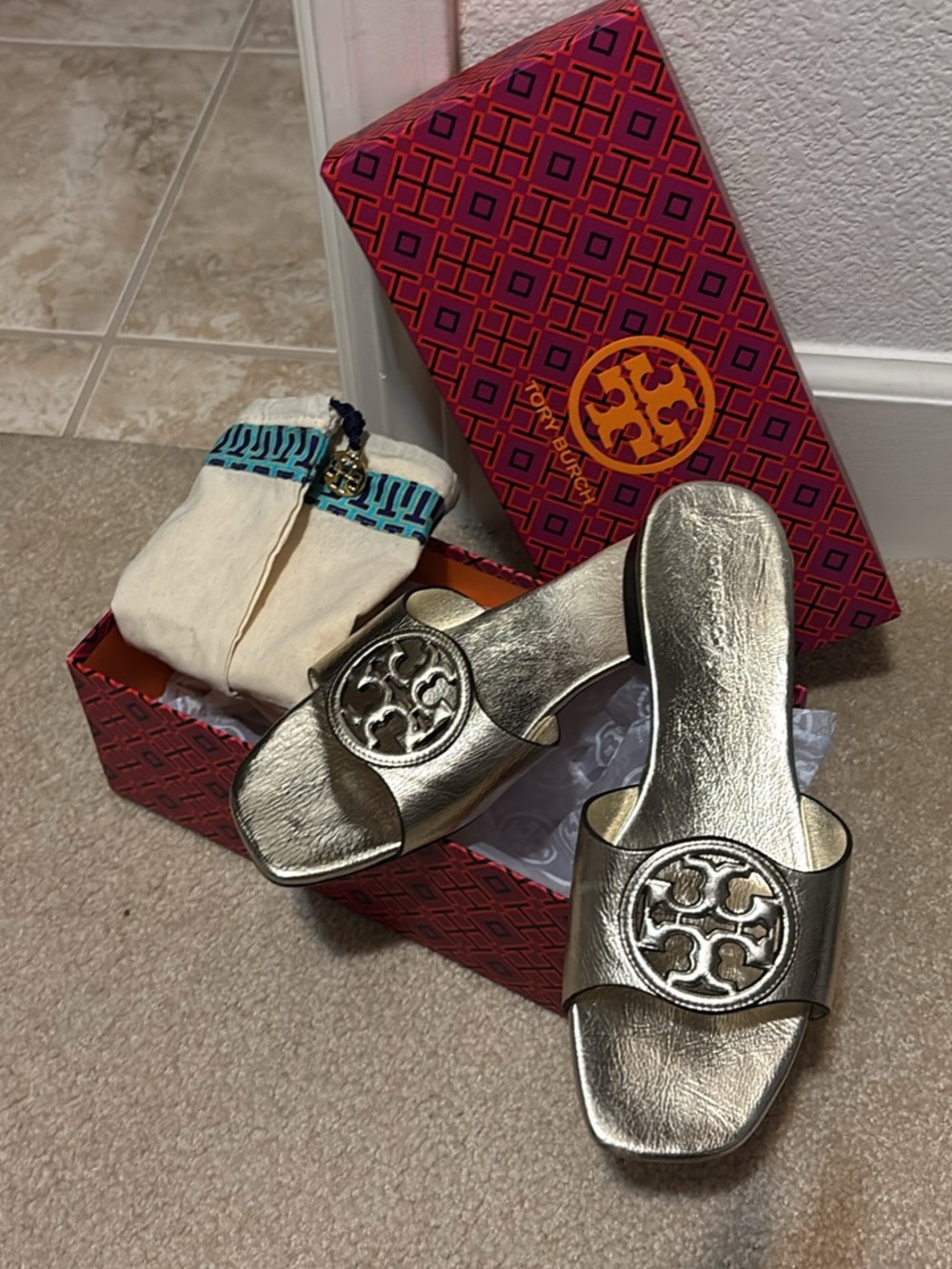 Tory Burch Gold Logo Slide Sandals